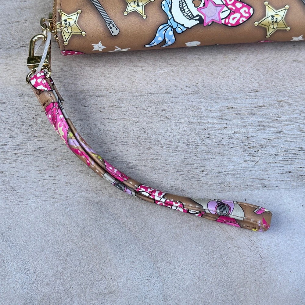 Betsey Johnson Western Cowgirl Skull Wristlet Wallet Tan Pink Gold Tone Zip - Picture 10 of 16